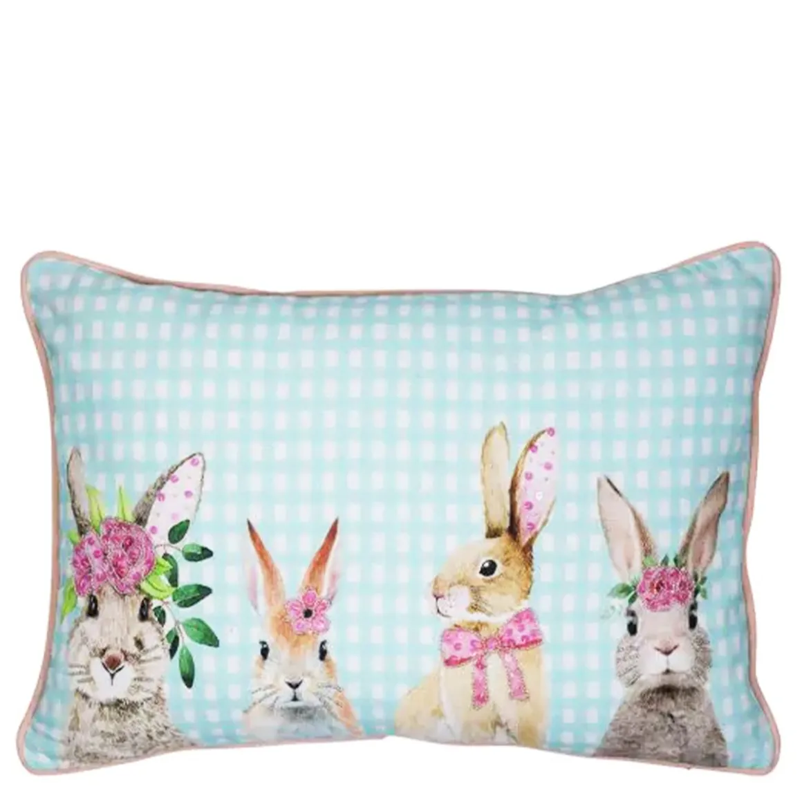 Baumwoll Kissen Hasen, 4 Kaninchen mit Blumen, hellblau-weiß kariert, 35x45cm, Mars & More