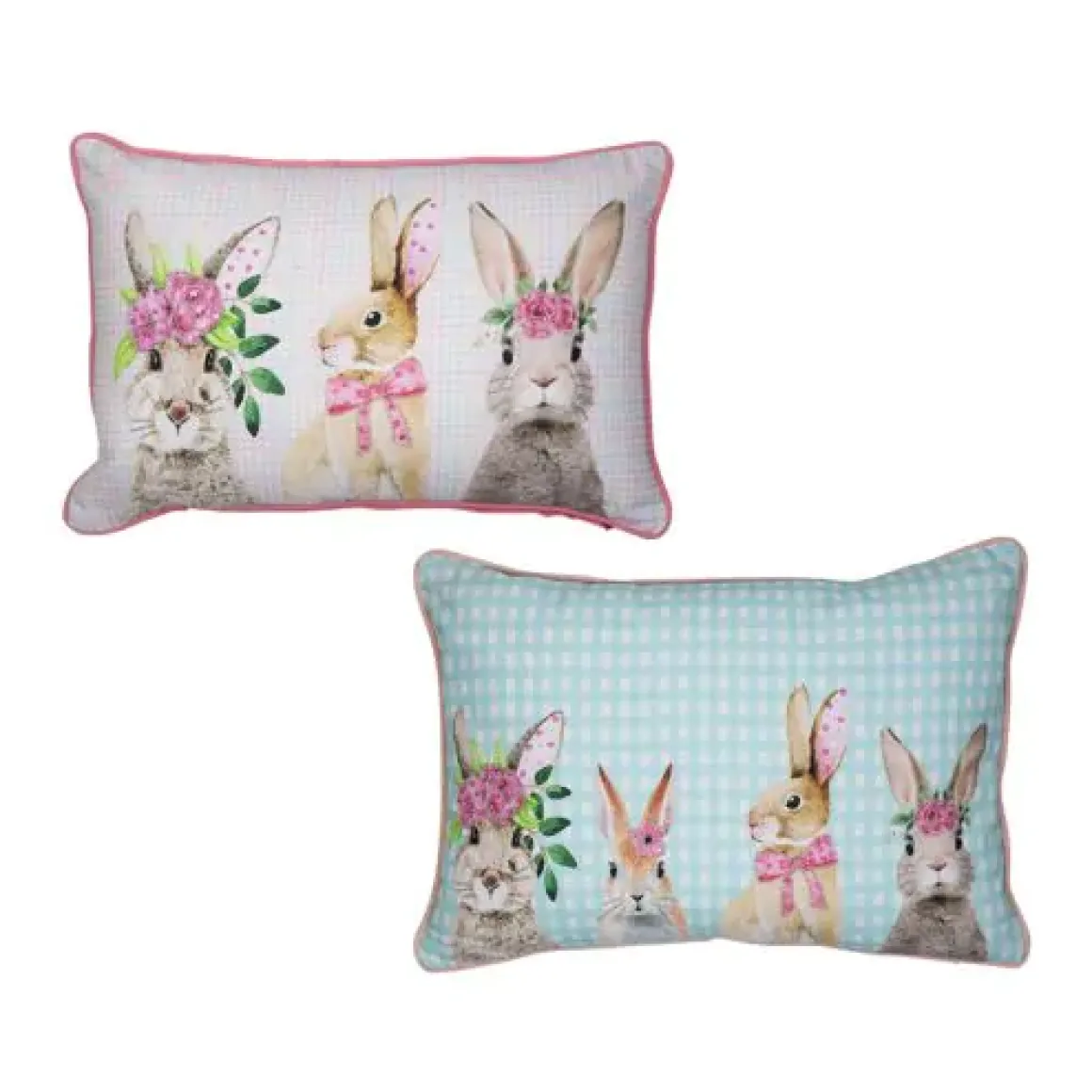 Baumwoll Kissen Hasen, 4 Kaninchen mit Blumen, hellblau-weiß kariert, 35x45cm, Mars & More