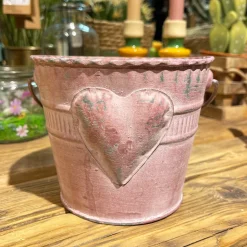 Übertopf Eimer mit Herz und Henkel, rosa used look, 15x12cm, Metall