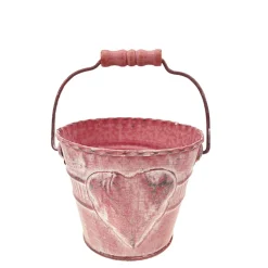 Übertopf Eimer mit Herz und Henkel, rosa used look, 15x12cm, Metall