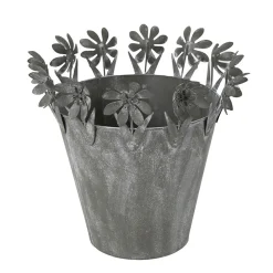 Übertopf mit Blumenrand, Zinktopf mit filigranen Blumen chabby chic grau, 20x19cm