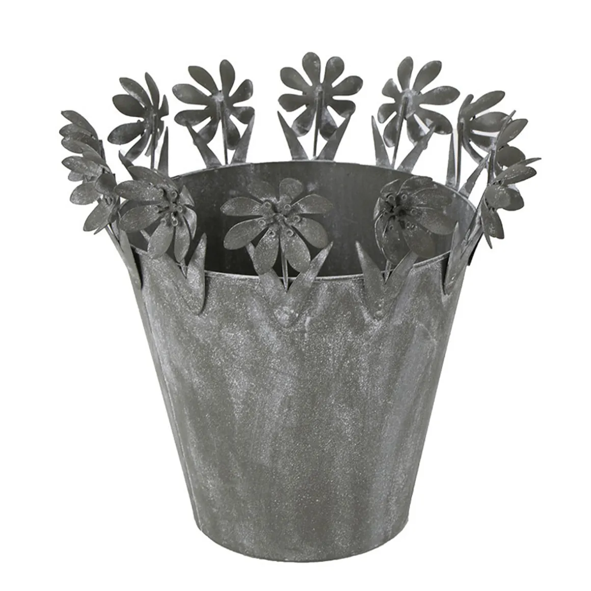 Übertopf mit Blumenrand, Zinktopf mit filigranen Blumen chabby chic grau, 20x19cm