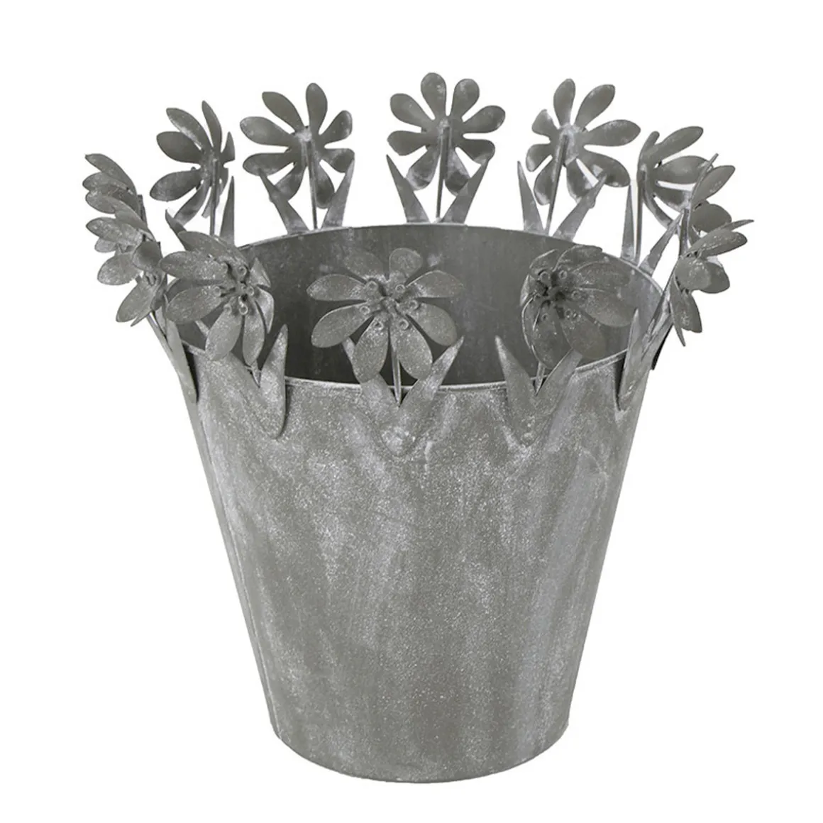 Übertopf mit Blumenrand, Zinktopf mit filigranen Blumen chabby chic grau, 20x19cm