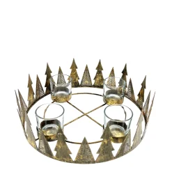 Deko Adventskranz antik gold, runder Teelichthalter mit Tannenbäume, Ø26cm