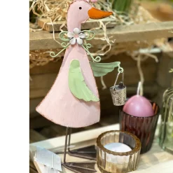 Deko Ente mit Eimer, rosa, 20cm, Metall