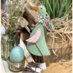 Deko Ente mit Schaufel, grün, 20cm, Metall