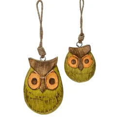 Deko Eule, Holzeule zum Hängen, grün/braun, 9cm