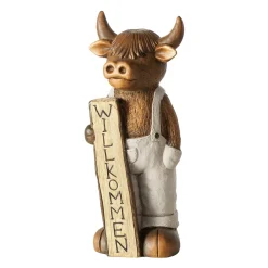Deko Figur Schottisches Hochlandrind Buffi Willkommen, Hochlandrind mit Latzhose und Schild, Boltze