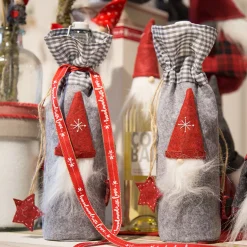 Deko Flaschentasche Wichtel Weihnachtszwerg, Filztasche mit Wichtel und Sterne, grau, 30x8cm, Halbach