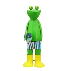 Deko Frosch, Metallfrosch mit Badehose, Gummistiefel und Fisch, 38cm, Metall
