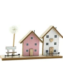 Deko Haus Häuserzeile, Holzhäuser mit Bank und Baum, rosa-weiß, Aufsteller