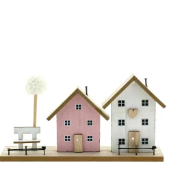 Deko Haus Häuserzeile, Holzhäuser mit Bank und Baum, rosa-weiß, Aufsteller