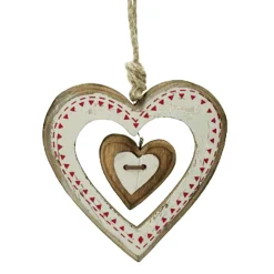 Deko Herz Landhaus, Herzhänger Herz im Herz, weiß-rot used look, 12cm