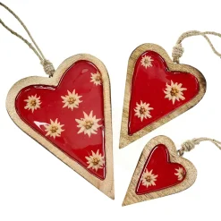 Deko Herz Landhaus, Holzherz rot mit Edelweiß, Emailleoptik, 7x10cm, Hänger