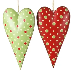 Deko Herz, Metallherz mit Punkte, rot und grün, 19cm, Hänger, Set/2