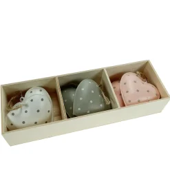Deko Herz, Metallherze mit Punkte und Klang, rosa, grau, weiß, 3- fach sortiert, 6 St/Box, Hänger
