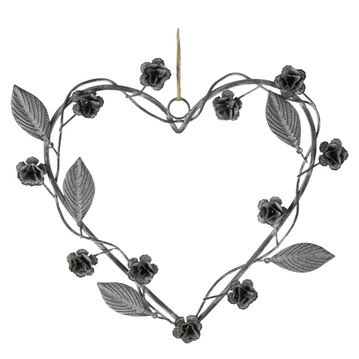 Deko Herz Rosen, filigranes Metallherz mit Rosenranken und Blätter, 23x20cm, Zink, Hänger