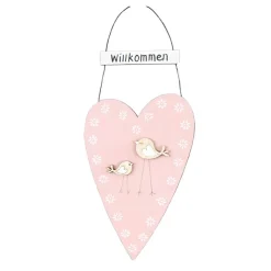 Deko Herz Willkommen, Holzherz  rosa mit Vögel und Blumen, 27x11cm, Hänger