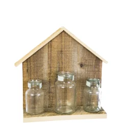 Deko Holzhaus Flaschentrio, Holzhaus Naturholz mit 3 Blumenvasen