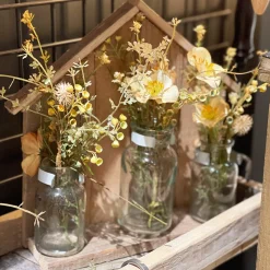 Deko Holzhaus Flaschentrio, Holzhaus Naturholz mit 3 Blumenvasen