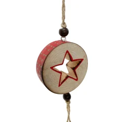 Deko Holzstern natur, Holzscheibe mit Stern und Glöckchen, grüne Punkte, used look, Ø6cm, Hänger