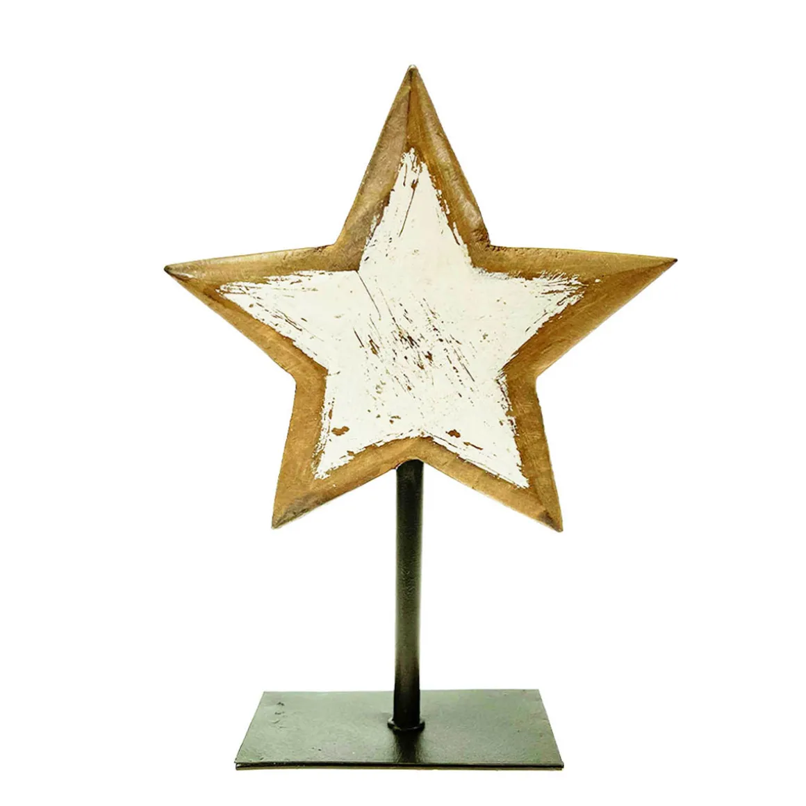 Deko Holzstern, Stern used look unfinished auf Metallständer, natur-creme, 19cm