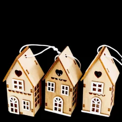 Deko Häuschen Landhaus, 3er Set Holzhäuser, natur-weiß, 12x8cm, zum Stellen oder Hängen