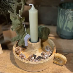 Deko Kerzenhalter Kammerleuchte, Holzschale mit Henkel, Ø16cm, Naturholz