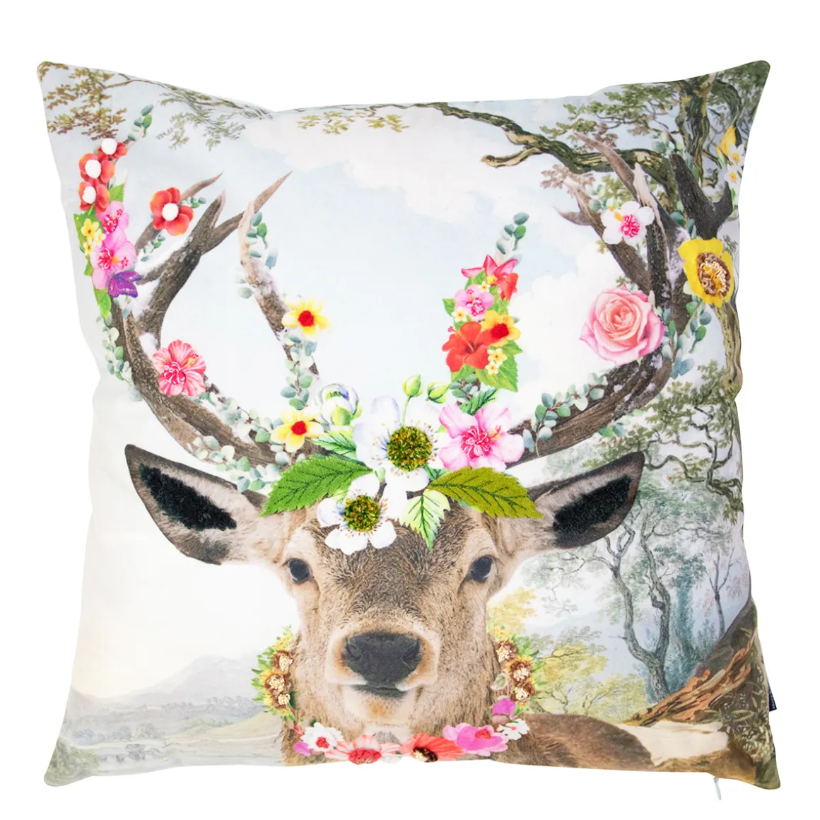 Deko Kissen Hirsch Fleury, Hirsch mit Blumengeweih und Blumenkranz, 45x45cm, Mars & More