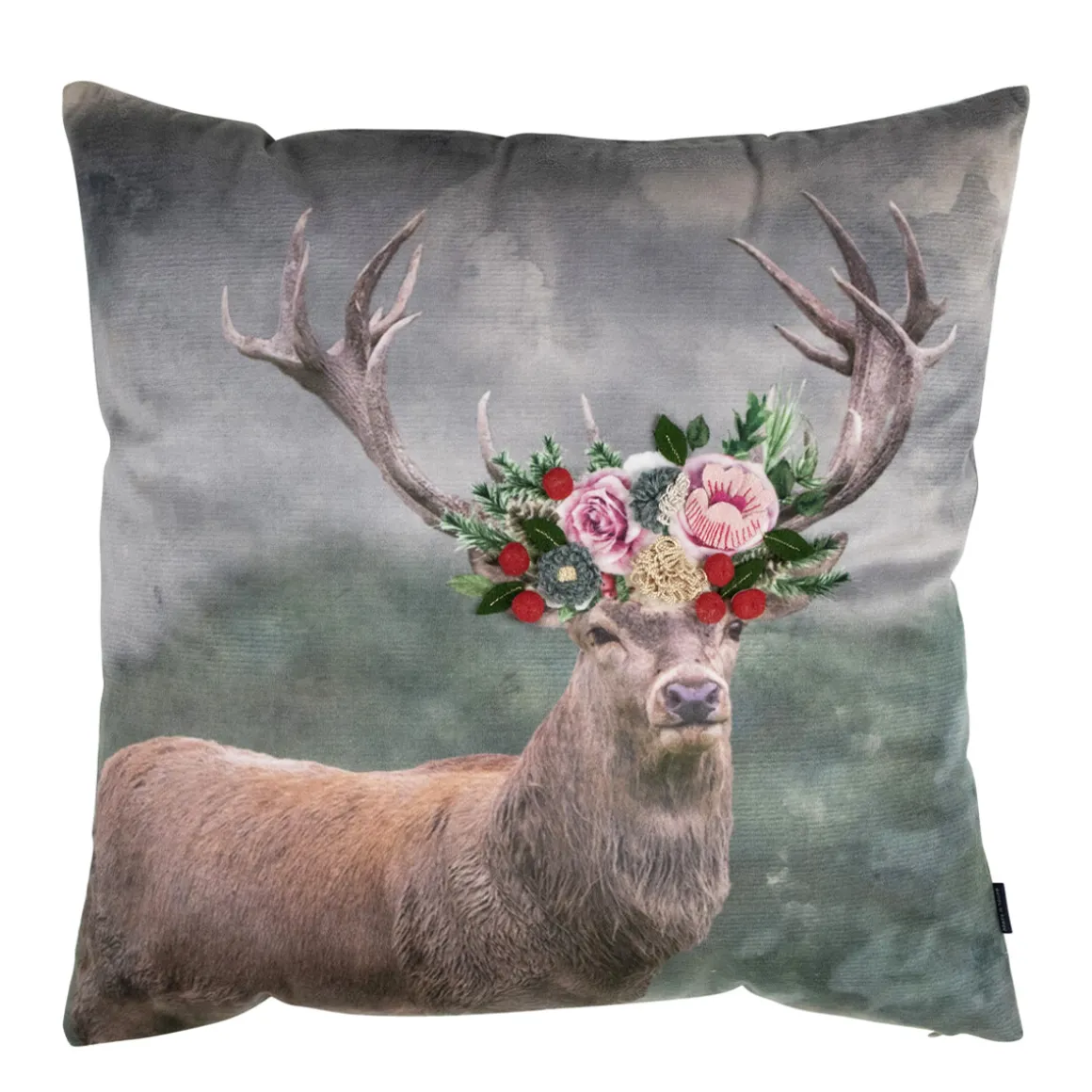 Deko Kissen Hirsch Fleury, Rotwild Hirsch mit Blumen, 45x45cm, Mars & More
