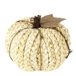 Deko Kürbis, Kürbis aus Maisstroh geflochten, mit Holzstil und Blatt, 17cm