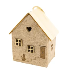 Deko LED Haus, Haus aus Filz mit Katze, braun, 10x12cm, Hänger