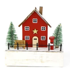 Deko LED Haus, Holzhaus mit Bank und Bäume, weiß-rot, 16x16cm