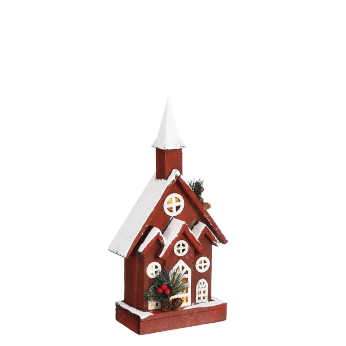 Deko LED Holzkirche beschneit, rot, 18x41cm, battriebetrieben, House of Seasons