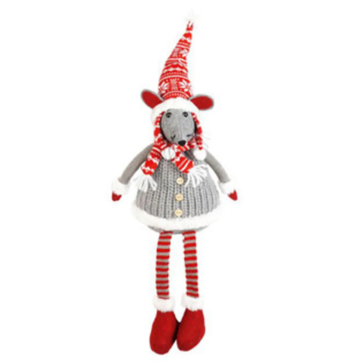 Deko Maus, Weihnachtsmaus Albert mit Strickmütze und Schal, Bammelbeine, grau/rot, 43cm