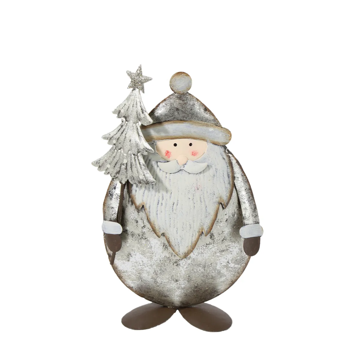 Deko Nikolaus mit Tannenbaum, Weihnachtsmann antik silber - used look, 17cm, Metall