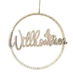 Deko Perlenring Willkommen, Ring aus Holzperlen mit Schriftzug Willkommen, Ø30cm, Holz