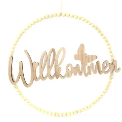 Deko Perlenring Willkommen, Ring aus Holzperlen mit Schriftzug Willkommen, Ø30cm, Holz