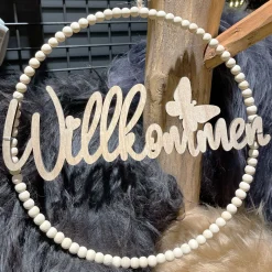 Deko Perlenring Willkommen, Ring aus Holzperlen mit Schriftzug Willkommen, Ø30cm, Holz