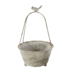 Deko Pflanztopf mit Bügel und Vogel, used look, antikgrau, 34cm, Metall