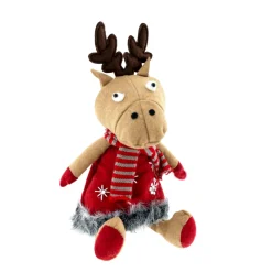 Deko Rentier, Weihnachtsrentier Sven, rotes Kleid und Schal, 36cm