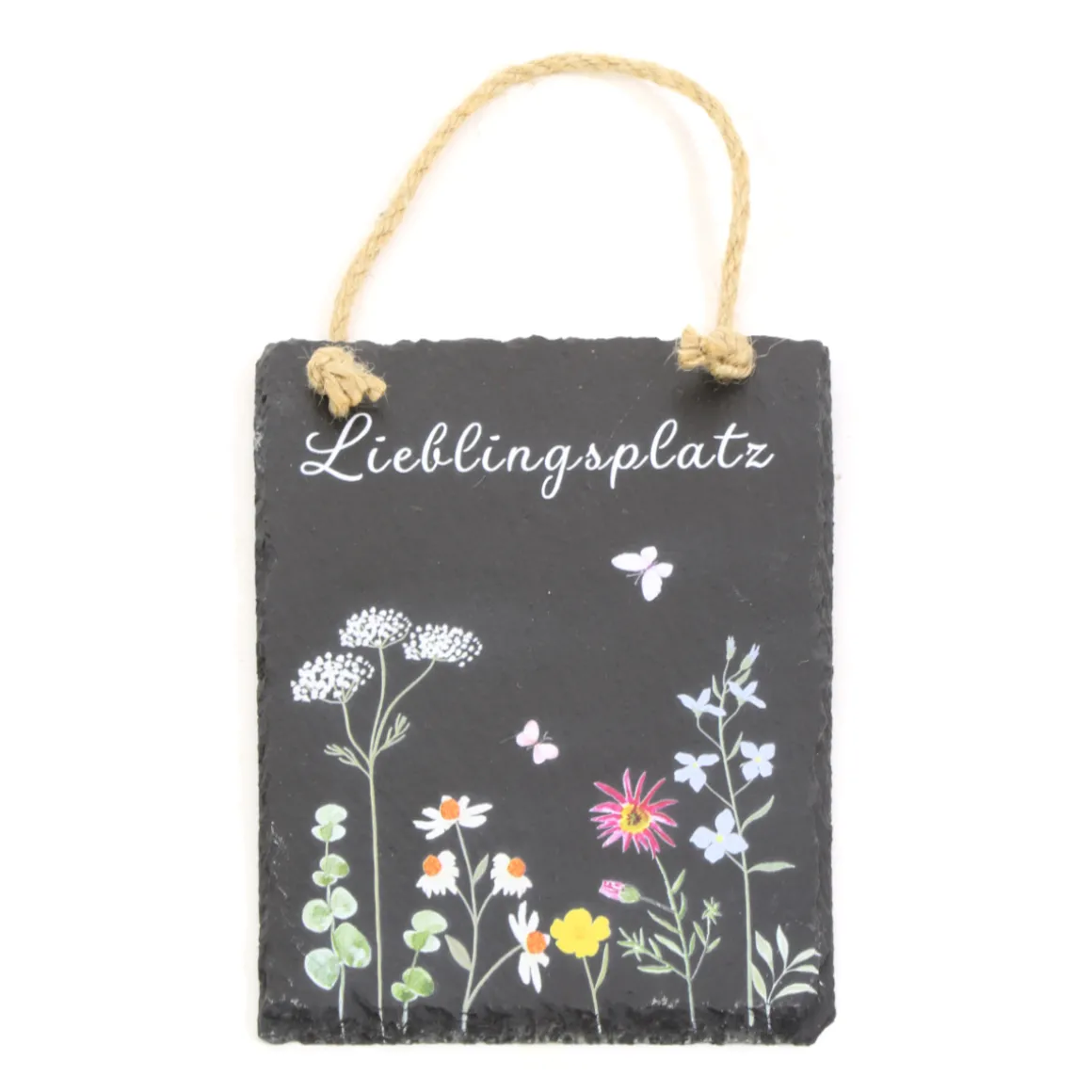 Deko Schiefertafel Lieblingsplatz, Schiefertafel mit Blumen und Schmetterlinge, 15x20cm, Hänger