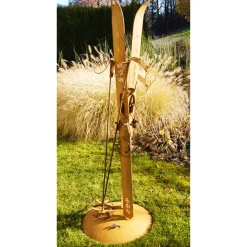 Deko Ski mit Stöcke und Brille – Rost-Optik mit Ständer, 122 cm