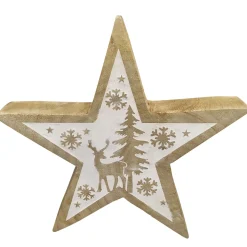 Deko Stern Winter, Holzstern mit Hirsch, Eiskristall und Tannenbaum, natur-weiß, 20x20cm