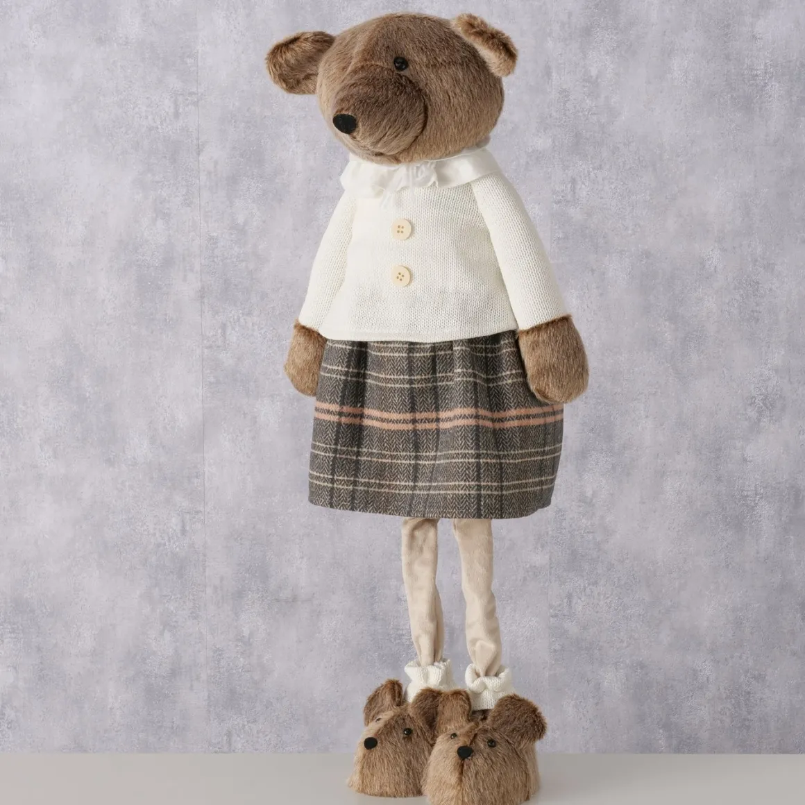 Deko Teddy mit Rock und Hundeschuhe, Teddymädchen mit Teleskopbeine, 74cm bis 120cm, Boltze Home Col