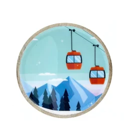 Deko Teller Gondel, Holzteller mit Lackküberzug und Bergmotiv mit Seilbahn, Ø22cm