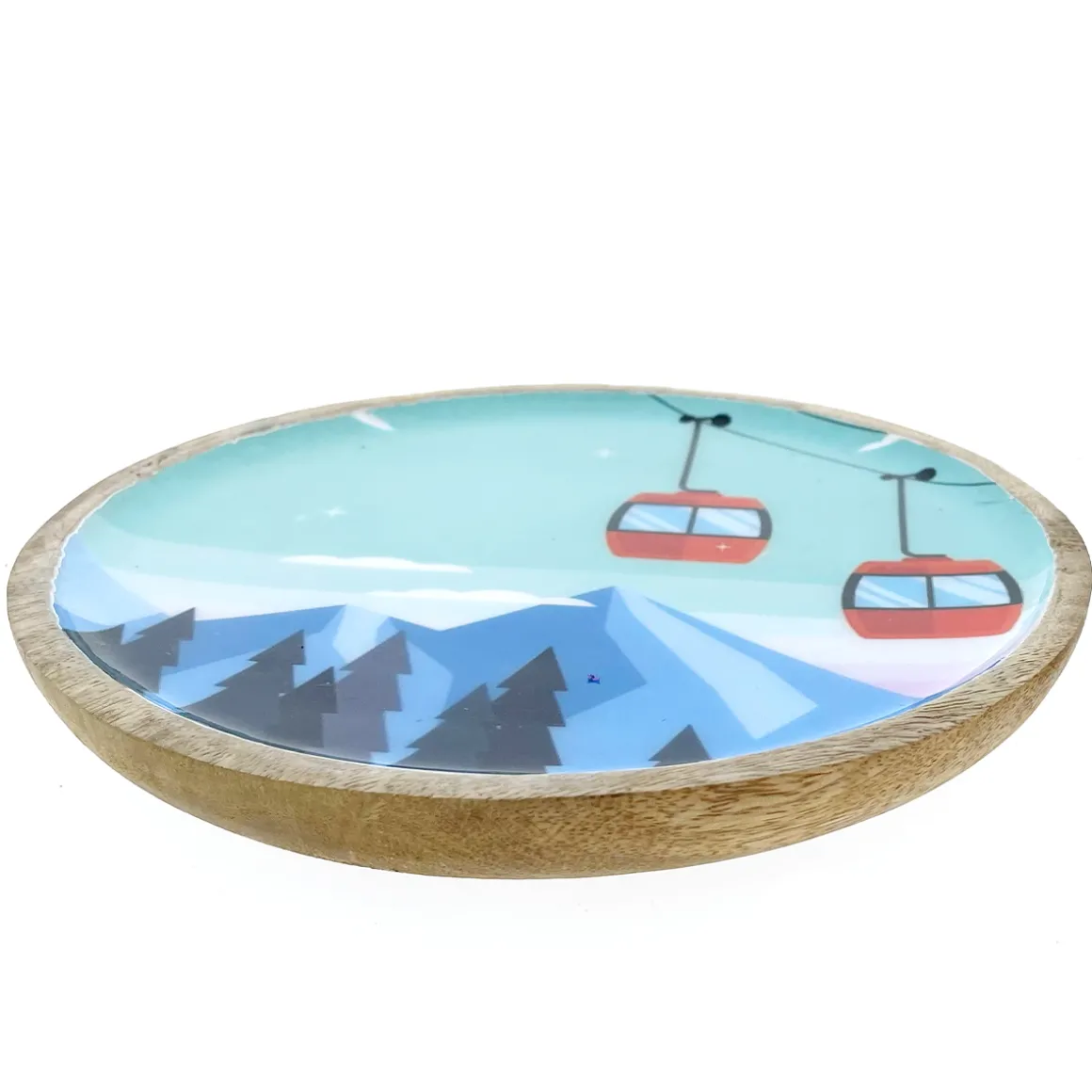 Deko Teller Gondel, Holzteller mit Lackküberzug und Bergmotiv mit Seilbahn, Ø22cm