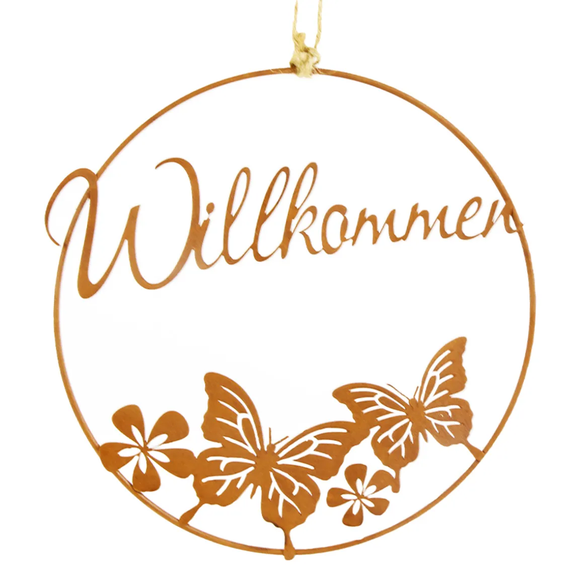 Deko Türschild Willkommen, Rostring mit Schmetterlinge und Blumen, Ø18cm Edelrost