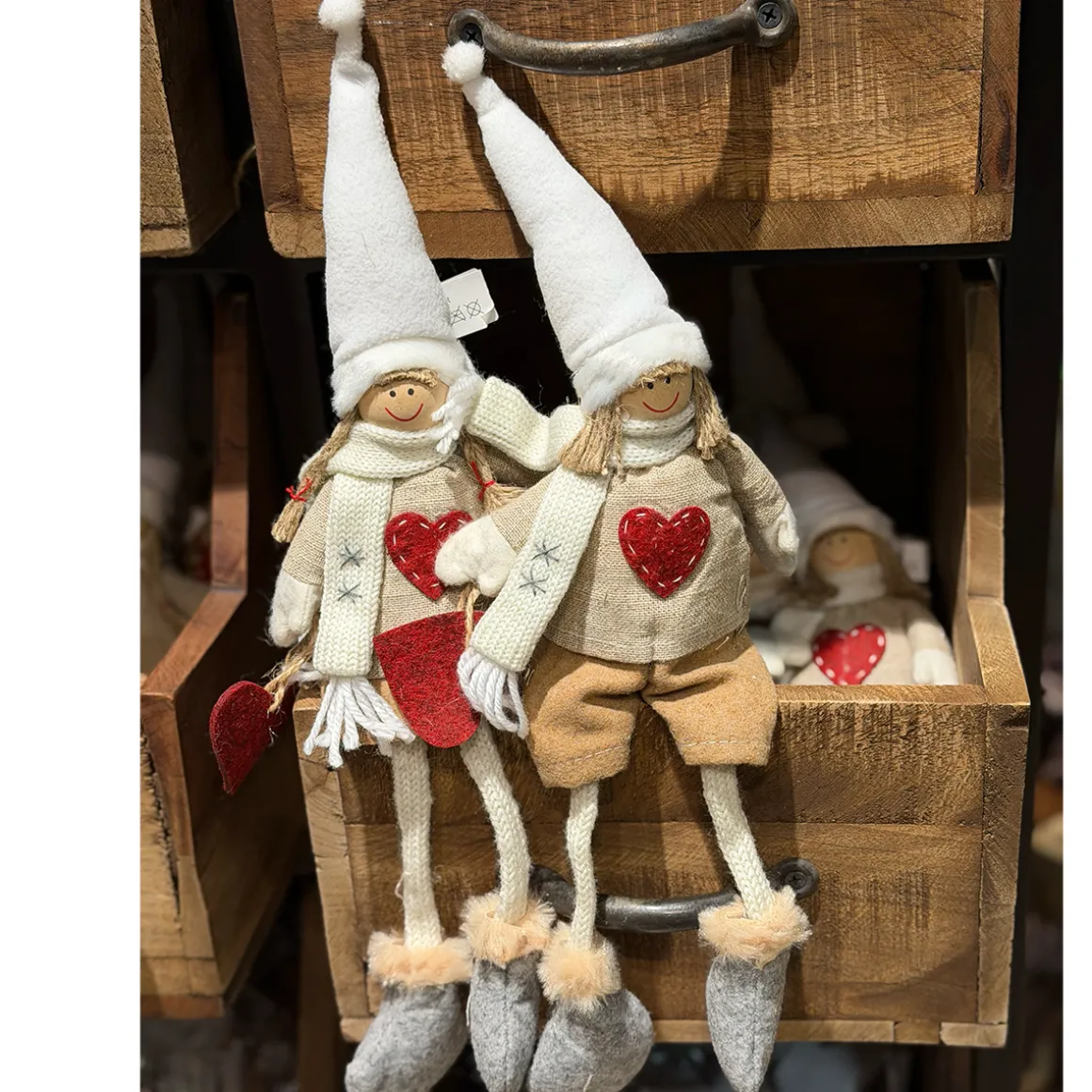 Deko Wichtel-Paar mit Herzpullover, Weihnachtspüppchen mit Bammelbeine, Set/2