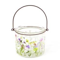 Deko Windlicht Blumenwiese, Windlichtglas mit Henkel mit Blumenwiese, 12x10cm
